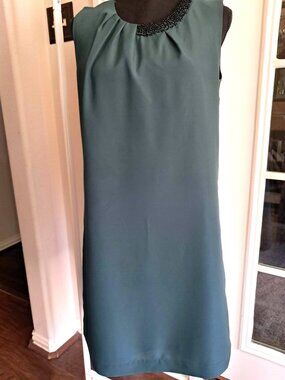 Forest Green Shift Dress Sleeveless Beaded Neckline Elegant Women’s Size S